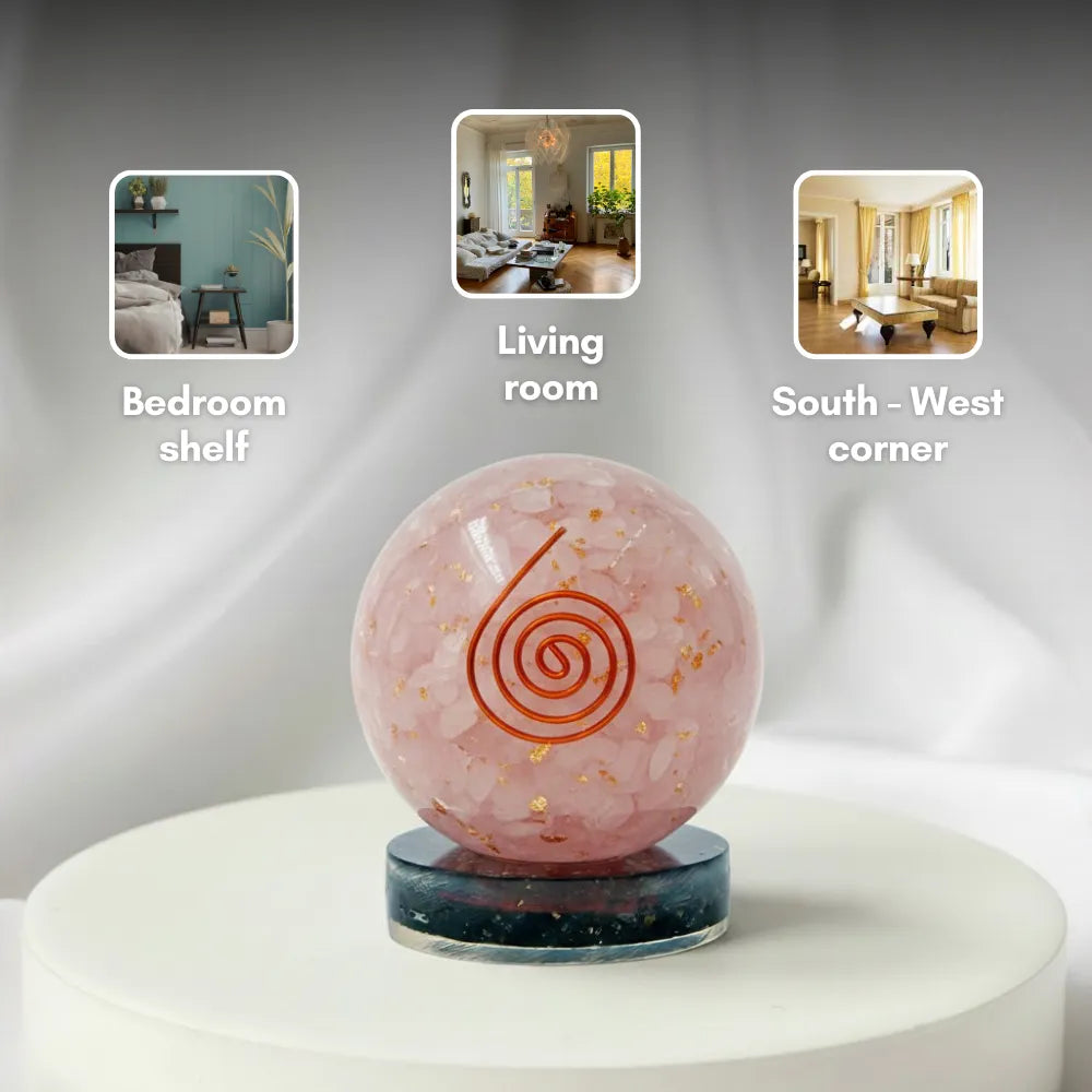 Decorative spherical object with spiral design on a white surface, surrounded by lifestyle images of rooms.