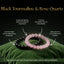 Two beaded bracelets, one black and one pink, on a green surface with text about their properties.