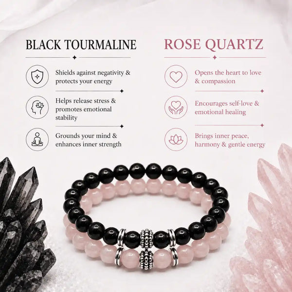 Black Tourmaline & Rose Quartz Bracelet Pair