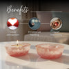 Two pink bowls with a candle on a white surface, labeled with 'Love attraction', 'Emotional healing', and 'Heart harmony'.