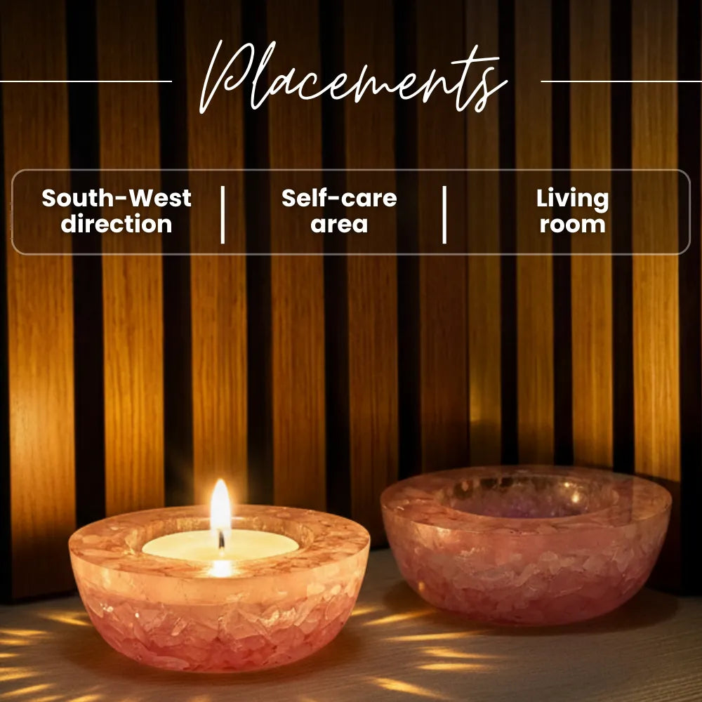 Two pink glass bowls with a lit candle on a wooden background, labeled for placements.