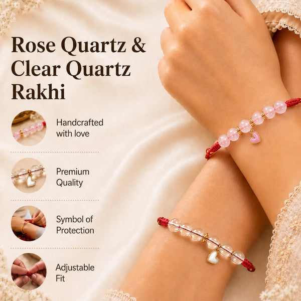 Rose Quartz & Clear Quartz — Pure Love Heart Lumba Rakhi for Bhabhi & Sister