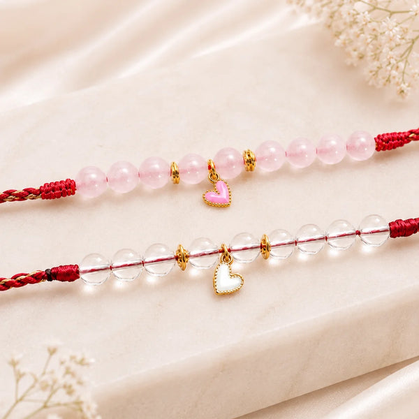 Rose Quartz & Clear Quartz — Pure Love Heart Lumba Rakhi for Bhabhi & Sister