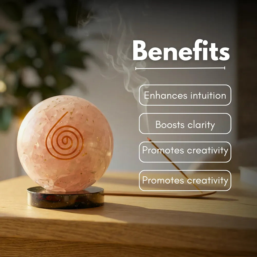 Decorative sphere with spiral design on a wooden surface, emitting smoke, with text listing benefits.