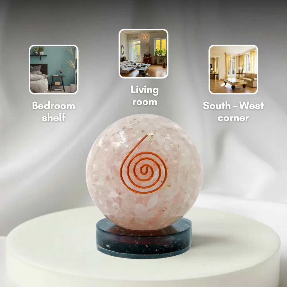 Decorative sphere with a spiral design on a stand, shown in various room settings.