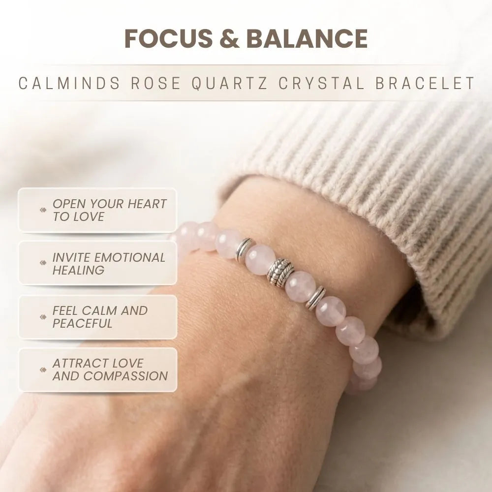Rose quartz crystal bracelet on a wrist with text about its benefits.