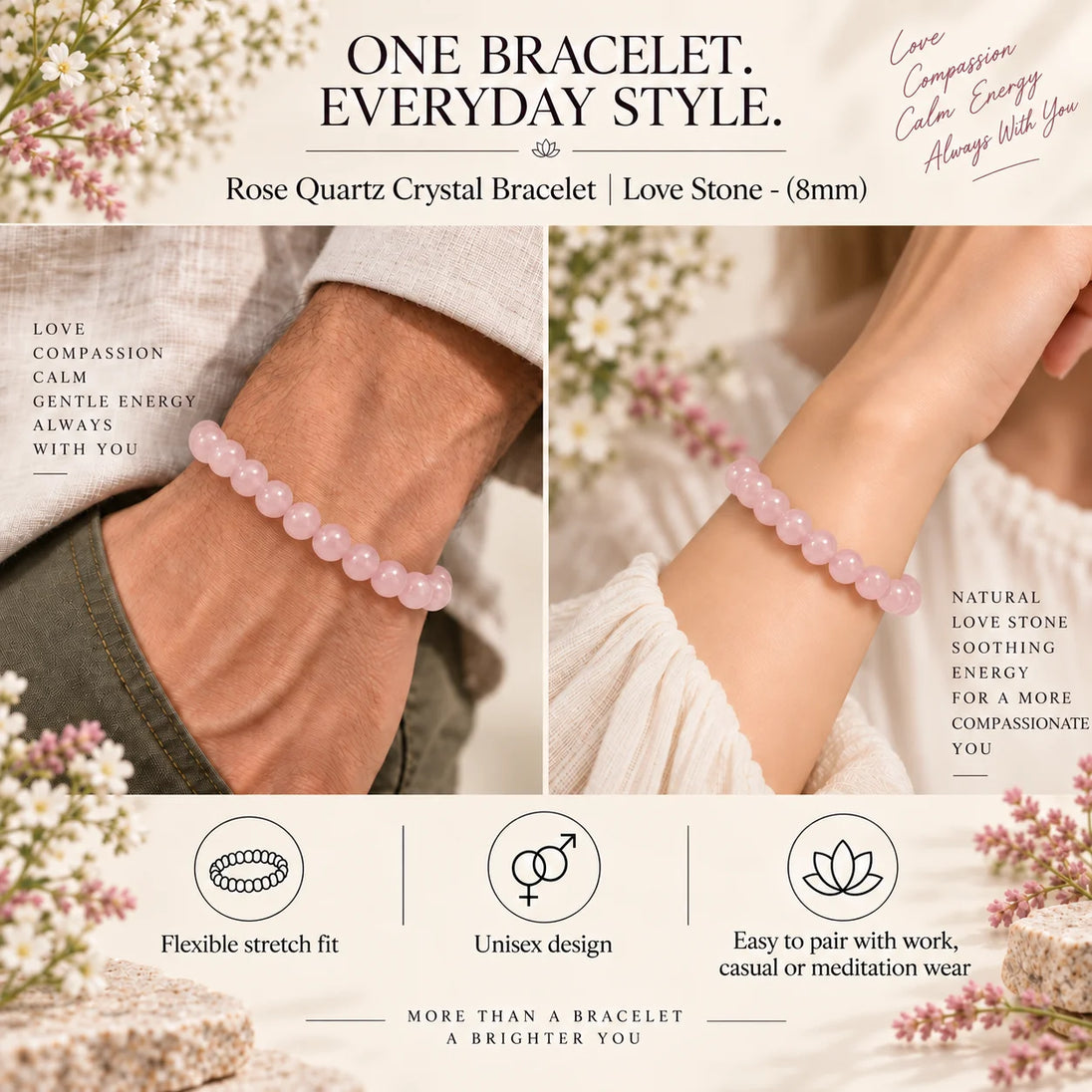 Rose Quartz Crystal Bracelet – 8mm Love Stone – natural crystal beads by Calminds