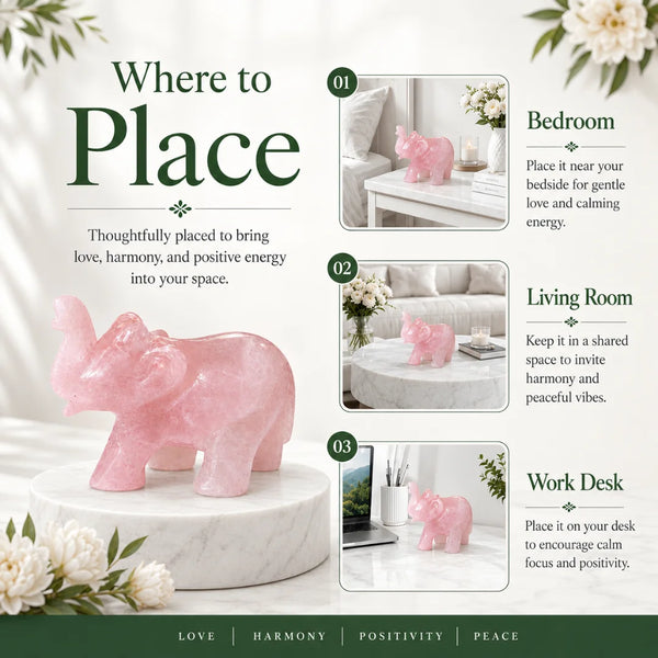 Rose Quartz Elephant – Natural Crystal Elephant Statue for Love, Calm & Good Fortune