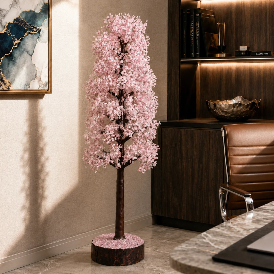 Rose Quartz Energy Tree 3 ft with natural wood base
