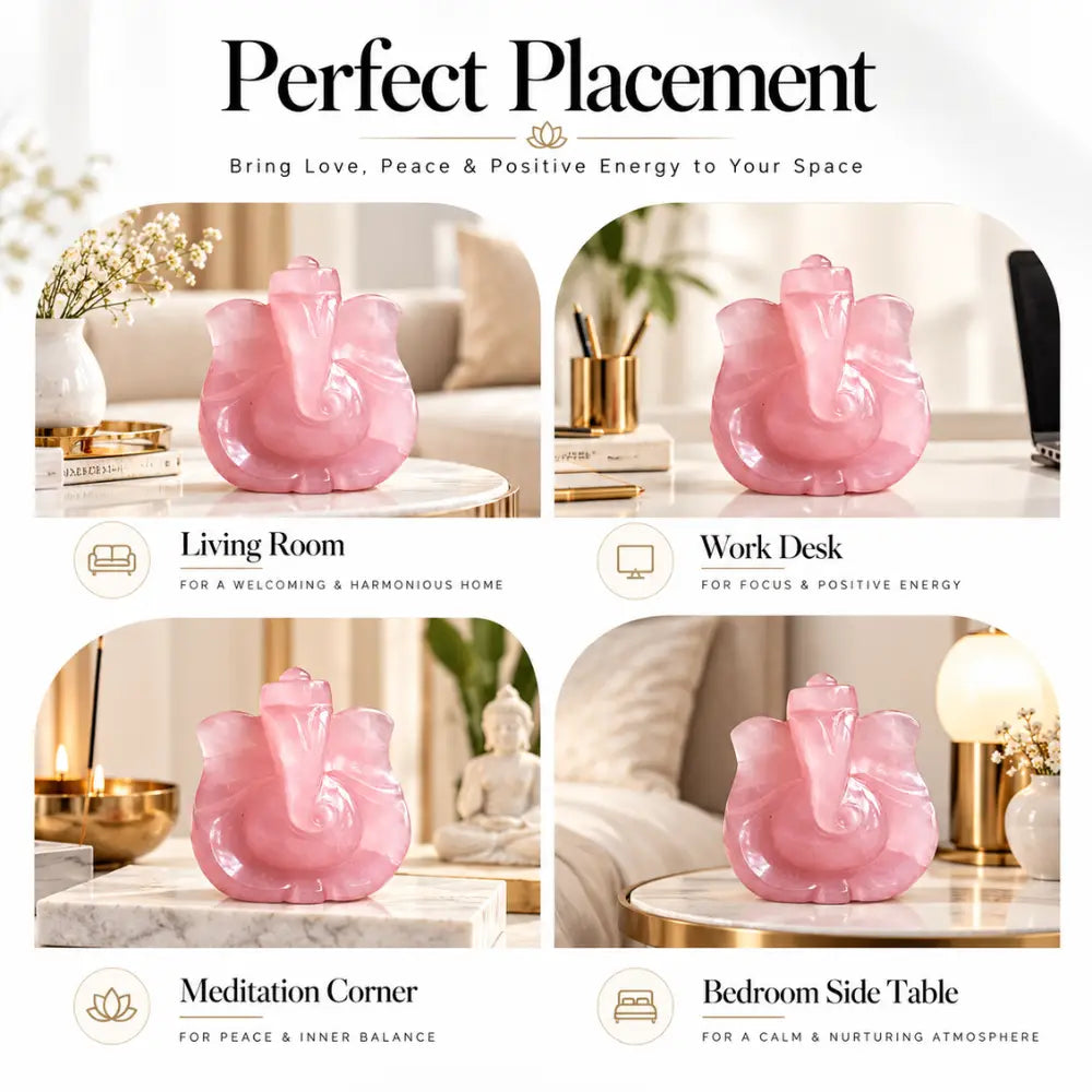Placement ideas for the Rose Quartz Ganesha: living room, work desk, meditation corner, bedroom side table