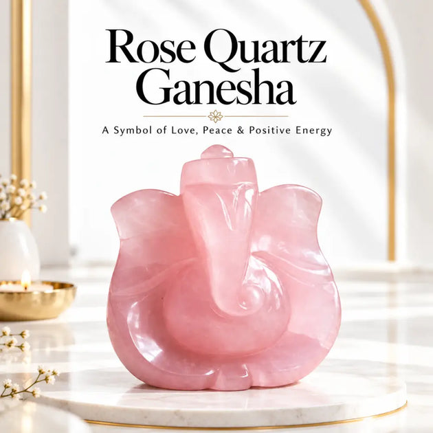 Rose Quartz Ganesha idol carved from a single pink stone, front view