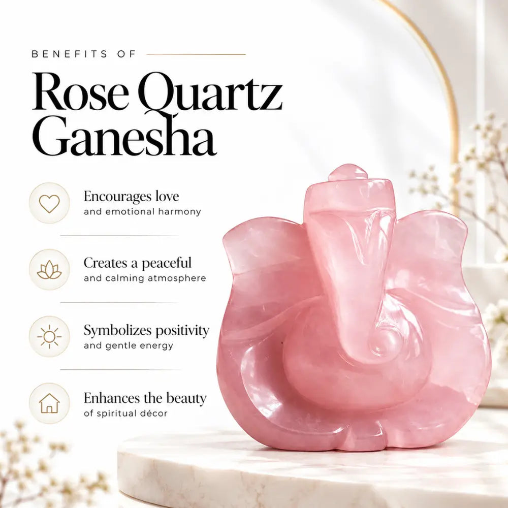 Qualities panel for the Rose Quartz Ganesha: love, calm, positivity and decorative appeal