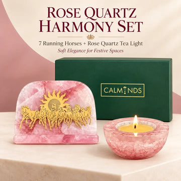Rose quartz harmony set with 7 running horses and rose quartz tea light