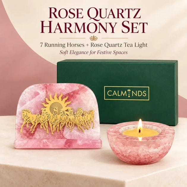 Rose quartz harmony set with 7 running horses and rose quartz tea light