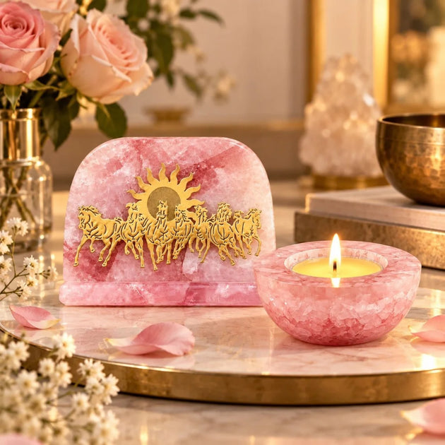Rose Quartz Harmony Set with 7 running horses showpiece and crystal diya – what's inside