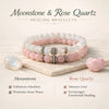 Moonstone and Rose Quartz healing bracelets on a light background with descriptive text.