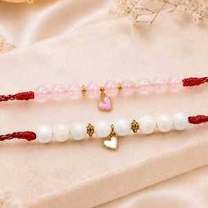 Rose Quartz & Moonstone Heart Lumba Rakhi for Bhabhi & Sister