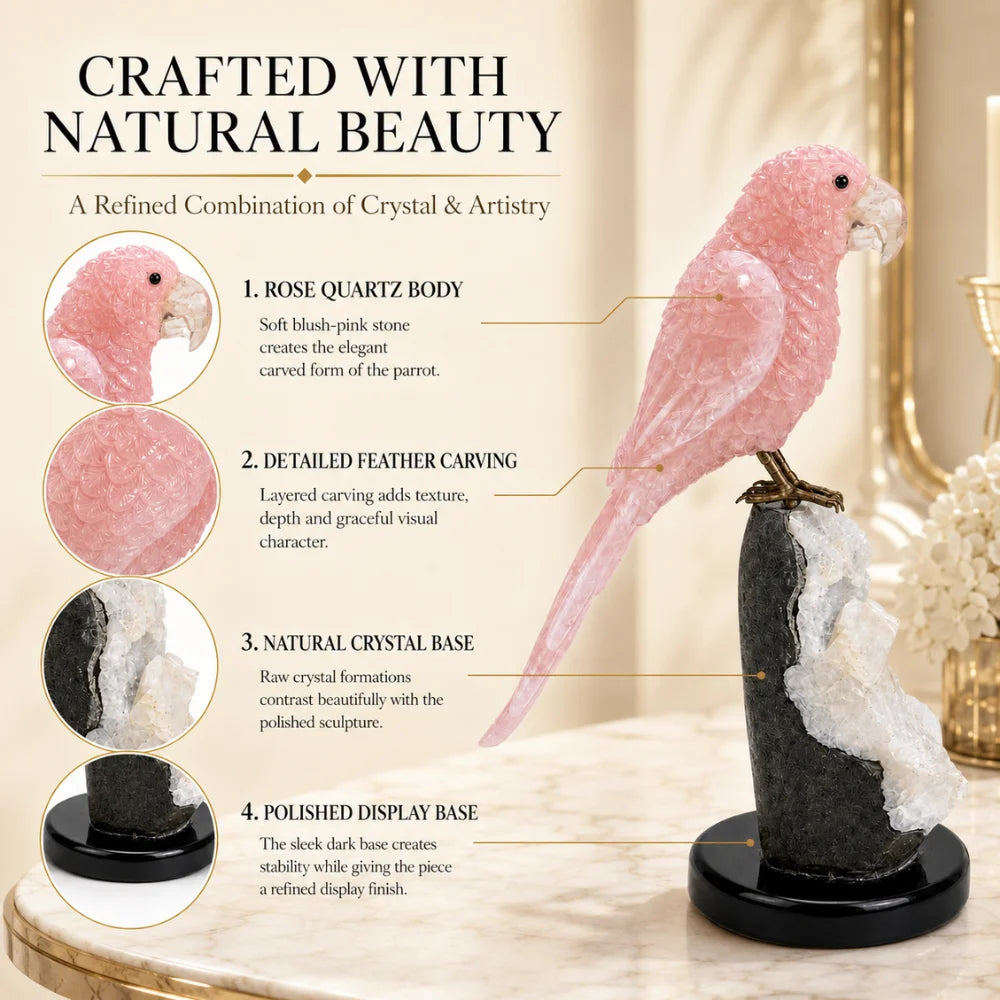 Rose Quartz Parrot figurine styled on a shelf
