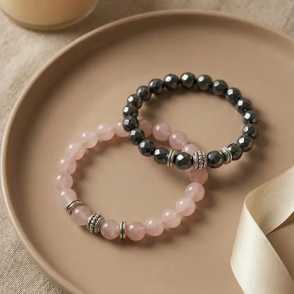 Rose Quartz & Silver Hematite Couple Bracelets for Love & Stability