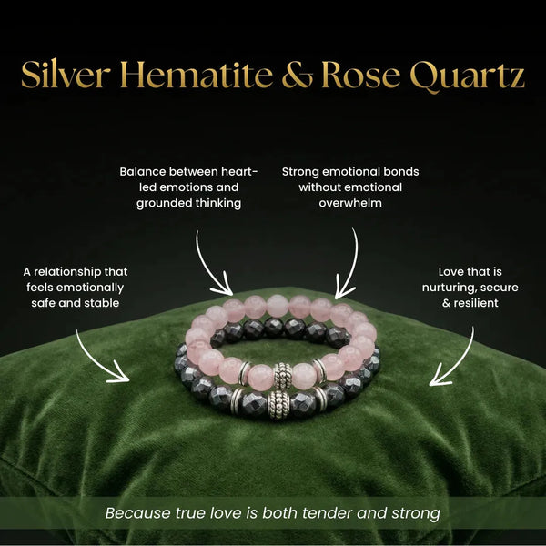 Rose Quartz & Silver Hematite Couple Bracelets for Love & Stability
