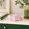 A polished pink rose quartz turtle figurine sits on a white marble countertop in a styled home setting, next to a green ribbed glass vase with baby's breath and a stack of books.