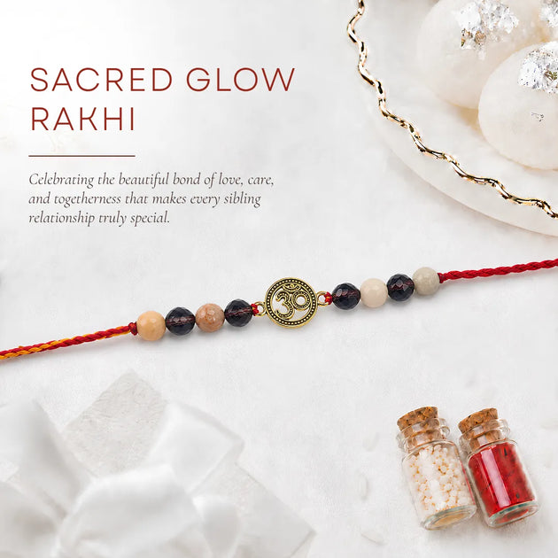 Sacred Glow Rakhi with Sunstone, Smoky Quartz and OM charm, close-up view