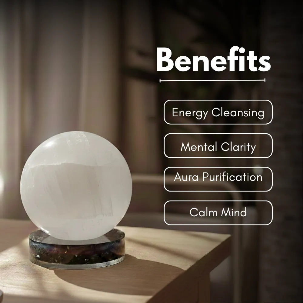Crystal ball on a stand with benefits listed above it, in a blurred indoor setting.