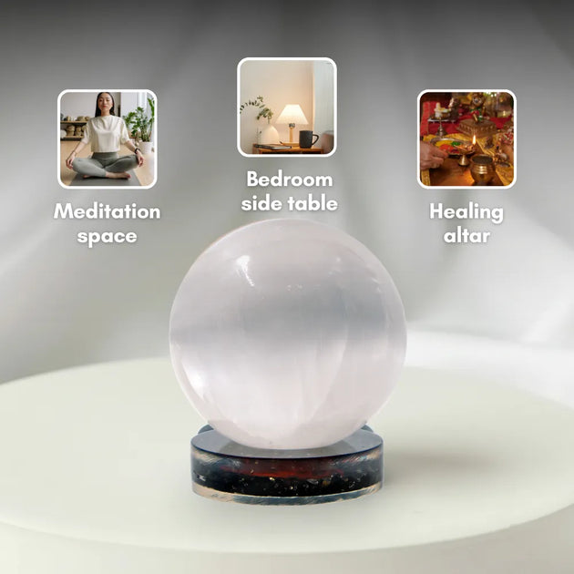 Crystal ball with applications for meditation, bedroom side table, and healing altar on a gray background.