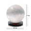 Clear crystal ball on a stand with measurements indicated