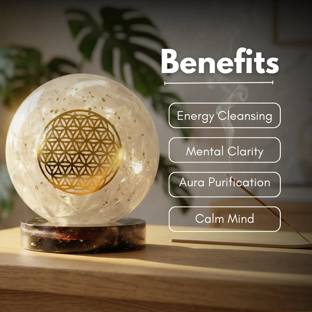 Decorative crystal ball with geometric design on a wooden surface, labeled with benefits.