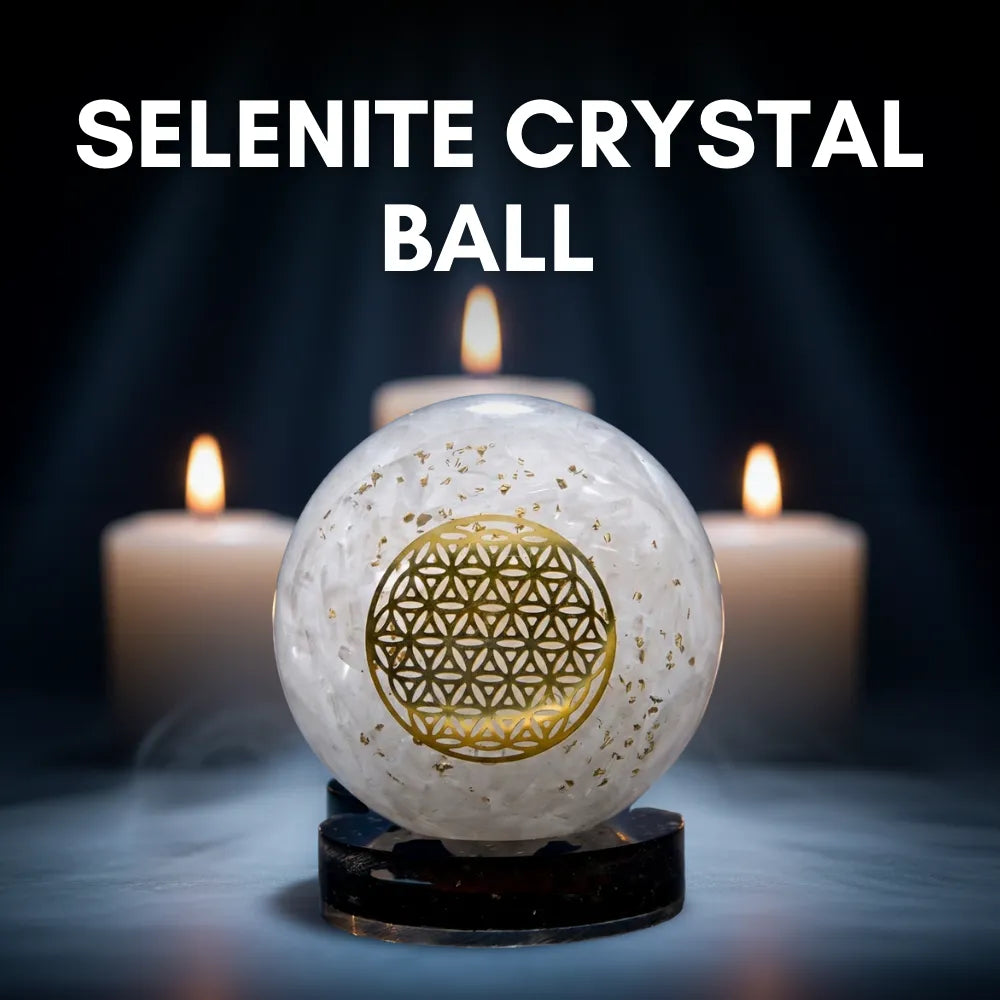 Selenite crystal ball with a gold symbol on a dark background with candles