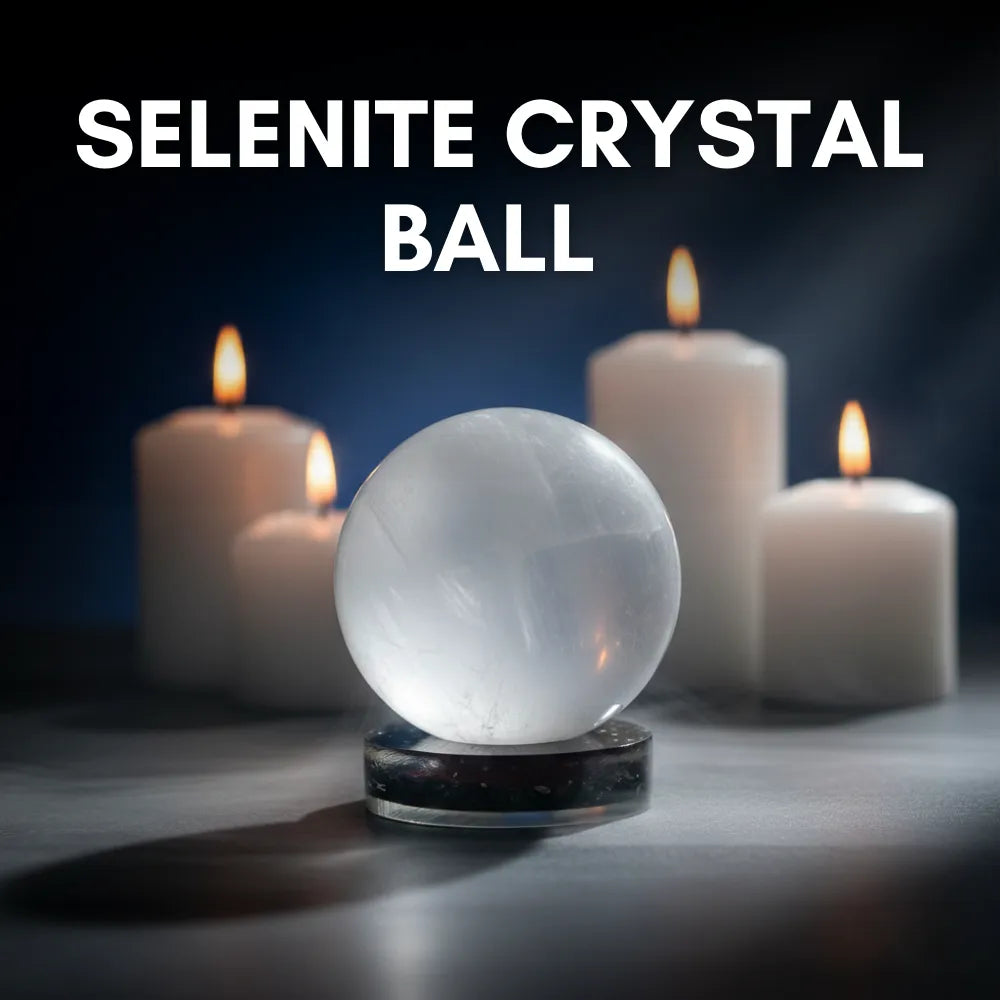 Selenite crystal ball with candles on a dark background