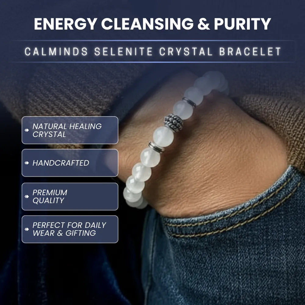 Calminds Selenite Crystal Bracelet worn on wrist with product features listed.