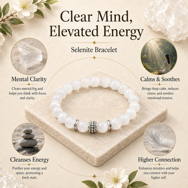 Selenite Crystal Bracelet for Energy Cleansing, Anxiety & Protection - (8mm)