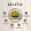 An informational graphic with the heading 'Ideal for' and a central photo of a clear pyramid-shaped crystal tower with a gold pyramid inside and a red spiral symbol on the base. Surrounding the product are six brown circles with text describing target audiences: those seeking clarity and mental peace, spiritual and meditation practitioners, home purifiers and energy clearers, reiki and energy healers, anyone struggling with overthinking, and a general audience.