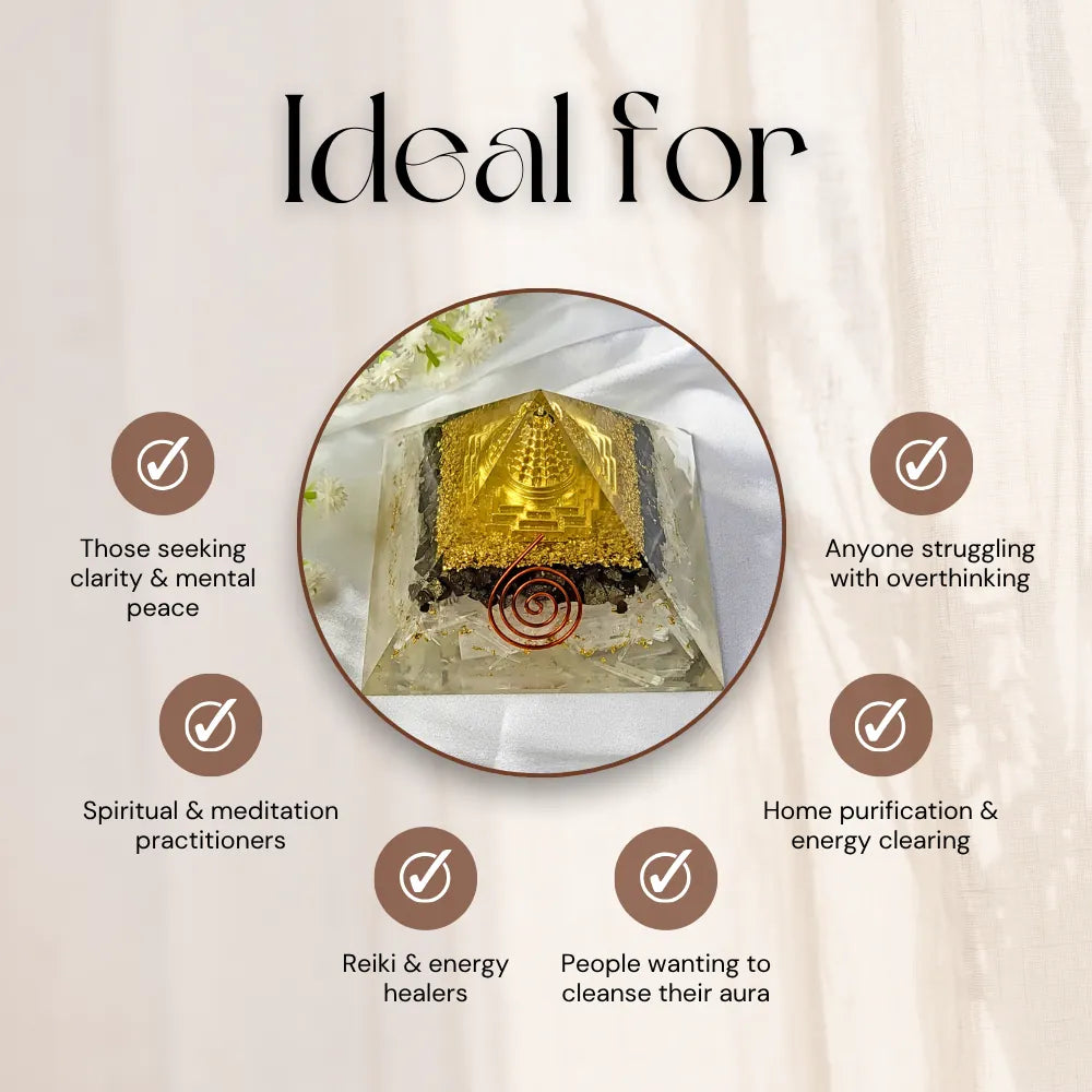 An informational graphic with the heading 'Ideal for' and a central photo of a clear pyramid-shaped crystal tower with a gold pyramid inside and a red spiral symbol on the base. Surrounding the product are six brown circles with text describing target audiences: those seeking clarity and mental peace, spiritual and meditation practitioners, home purifiers and energy clearers, reiki and energy healers, anyone struggling with overthinking, and a general audience.