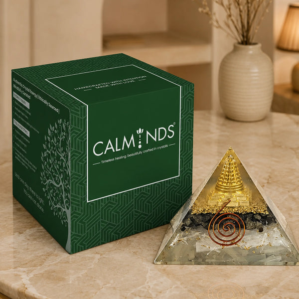 Selenite Pyrite Orgonite Pyramid with Shri Yantra