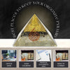 A triangular crystal pyramid with a gold-toned chakra symbol and white resin base, shown prominently on a dark background with the text 'BEST PLACES TO KEEP YOUR ORGONITE PYRAMID.' Four smaller panels at the bottom suggest use locations: office desk, cash counter, financial documents area, and wealth corner.