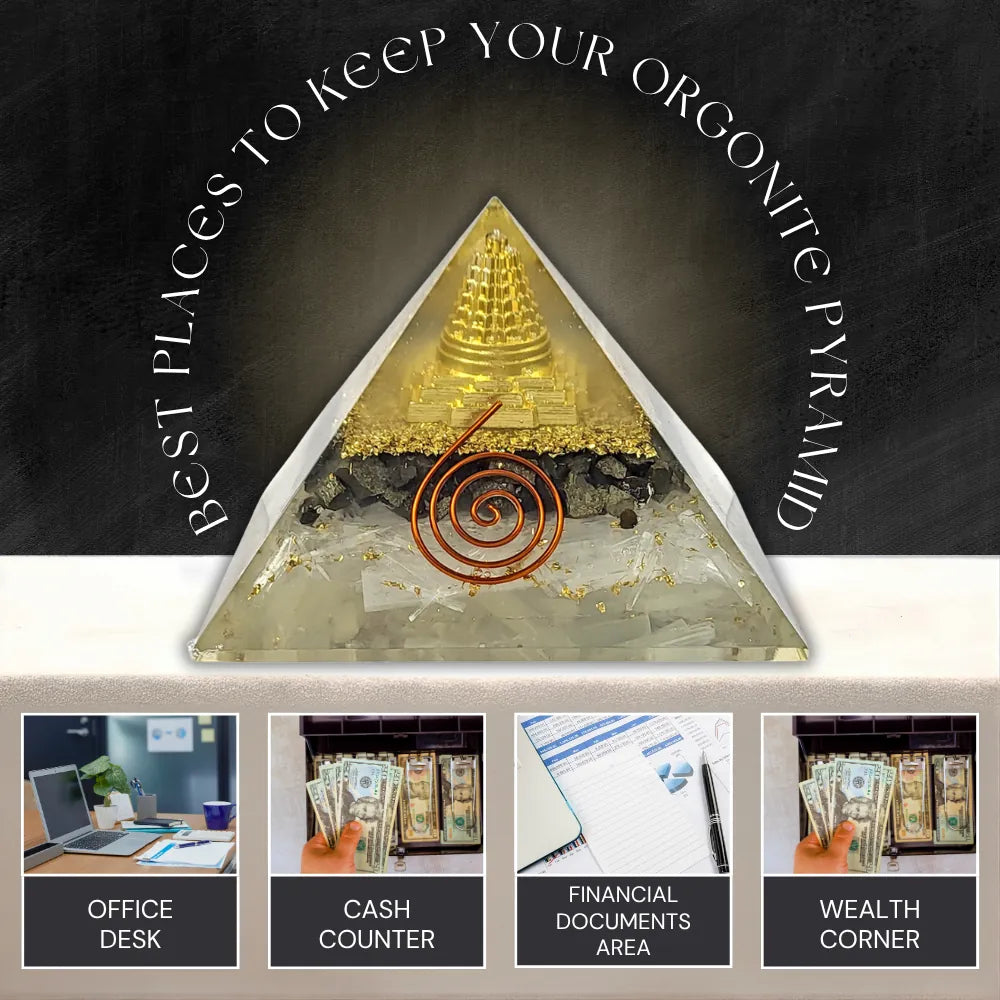 A triangular crystal pyramid with a gold-toned chakra symbol and white resin base, shown prominently on a dark background with the text 'BEST PLACES TO KEEP YOUR ORGONITE PYRAMID.' Four smaller panels at the bottom suggest use locations: office desk, cash counter, financial documents area, and wealth corner.