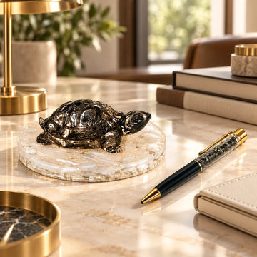 Shubh Labh desk set with pyrite turtle, selenite plate and pyrite pen – what's inside