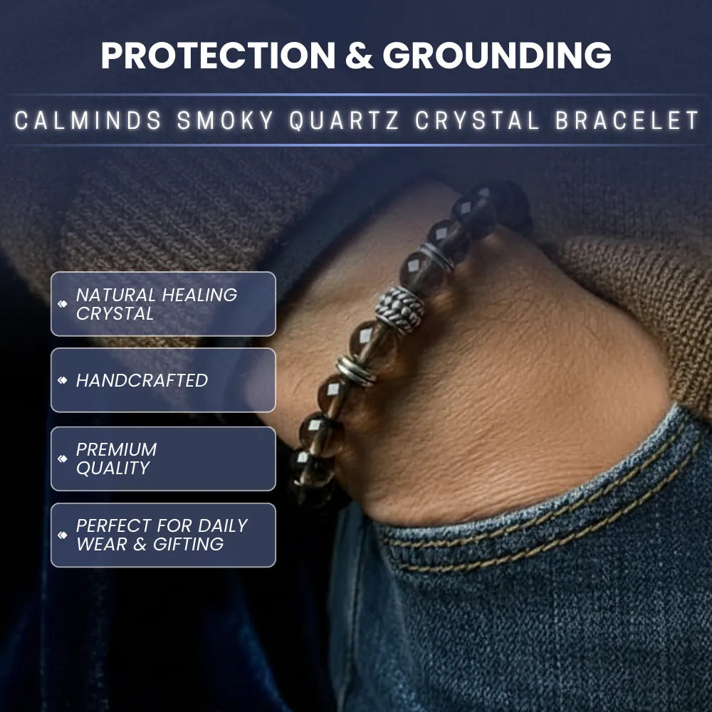 Smoky quartz crystal bracelet on a wrist with text highlighting features.