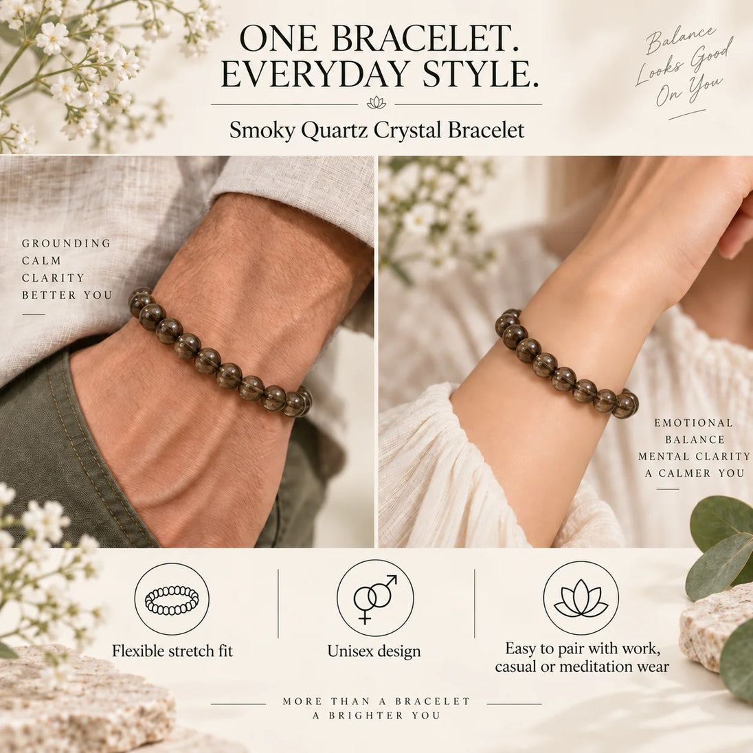 Smoky Quartz Bracelet – Leaf Charm Design worn on the wrist – Calminds