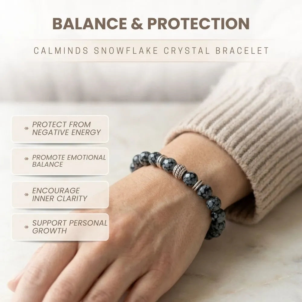 Snowflake crystal bracelet worn on a wrist with text about balance, protection, and benefits.