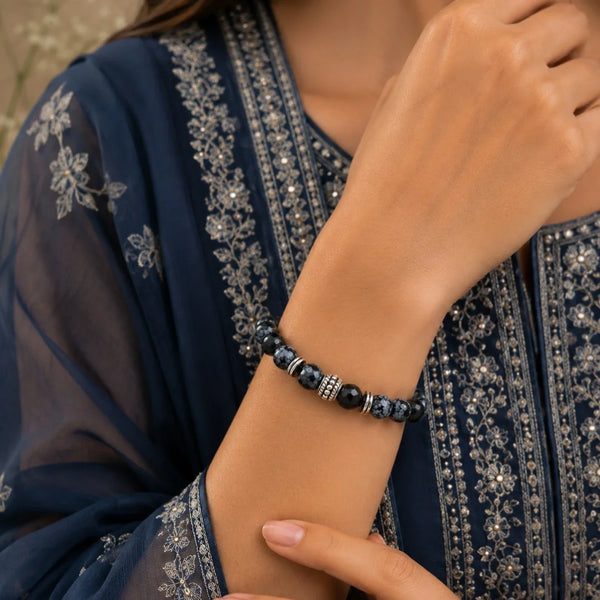 Snowflake Obsidian Bracelet – 8mm Diamond-Cut for Grounding & Clarity