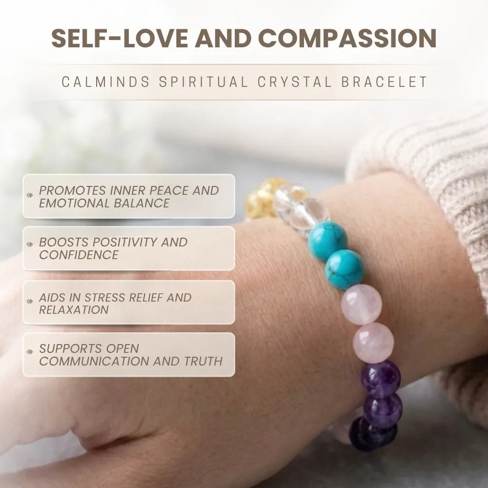 Crystal bracelet with beads on a wrist, labeled 'Self-Love and Compassion' by Calminds.