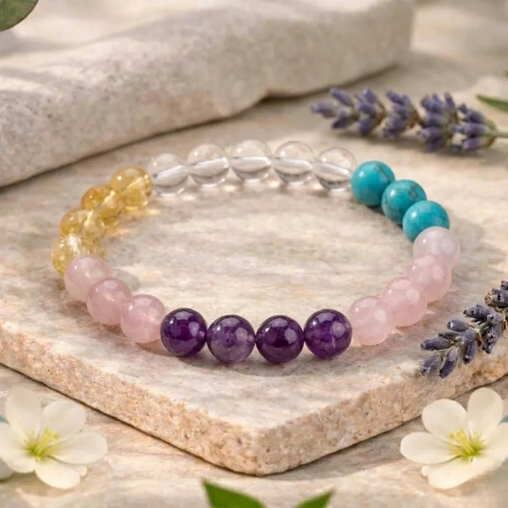 Smoky quartz bracelet on a wrist with text highlighting its benefits.