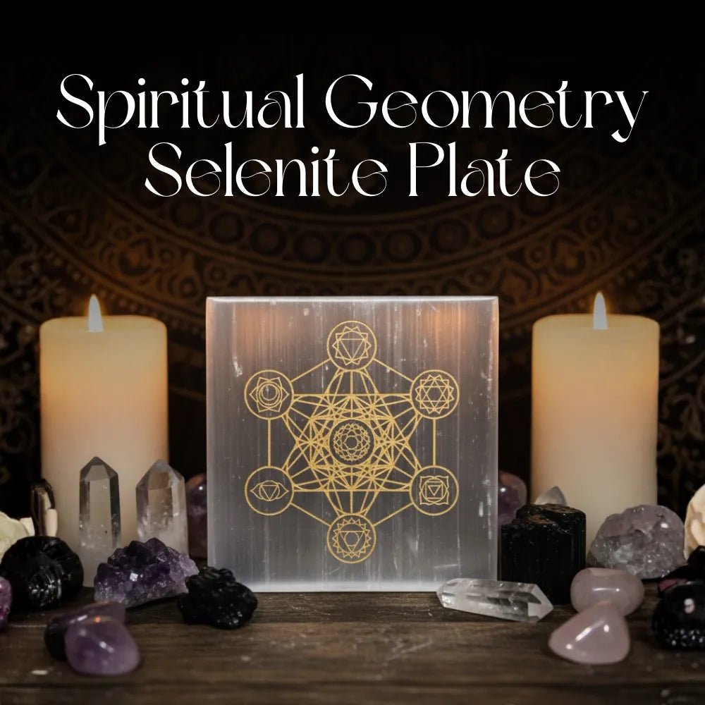 A clear acrylic or glass plate featuring a gold-colored Metatron's Key geometric symbol, displayed on a wooden surface between two lit white candles with crystals and stones around it. White text at the top reads 'Spiritual Geometry Selenite Plate'.