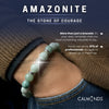 Amazonite bracelet on a wrist with text about its significance and Calm Minds branding.