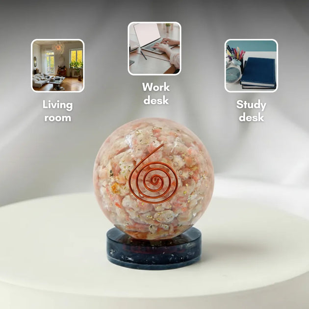 Decorative sphere with a spiral design on a stand, shown in living room, work desk, and study desk settings.