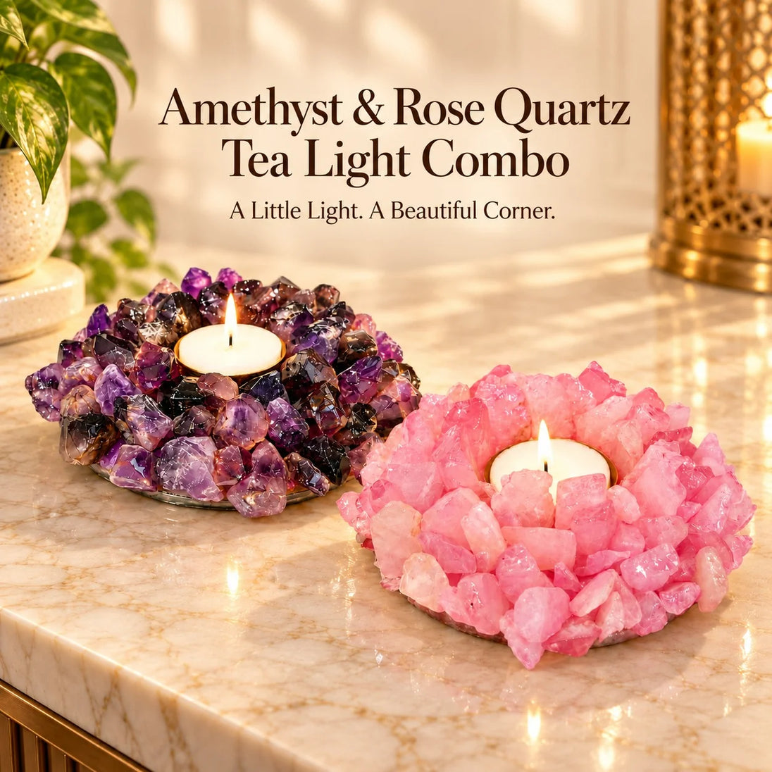 Amethyst and Rose Quartz Tea Light Combo by Calminds